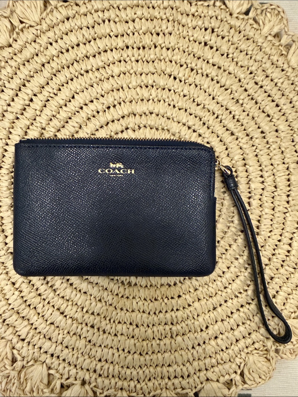 COACH Navy Leather Wristlet with Gold Logo